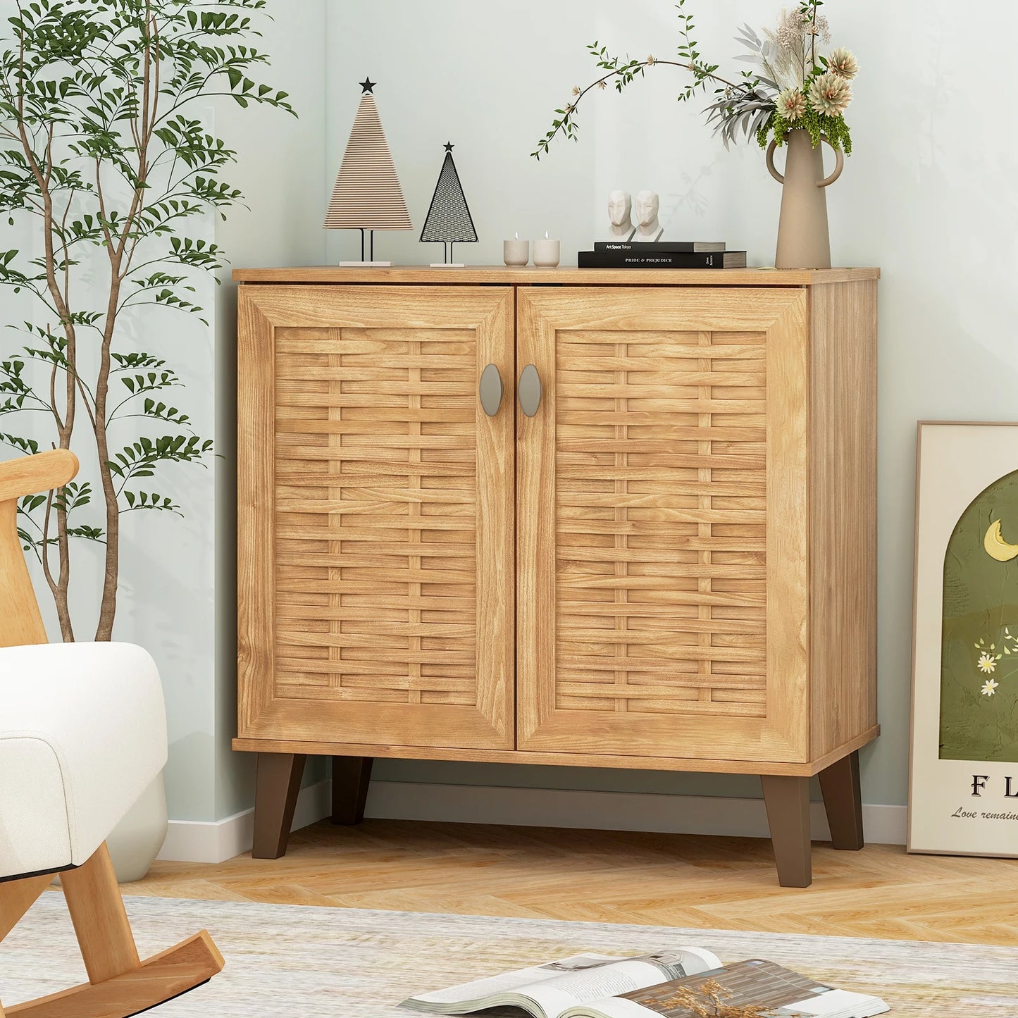 2-Door Shoe Cabinet w/ Ventilated Woven Doors & 3 Removable Shelves for Entryway