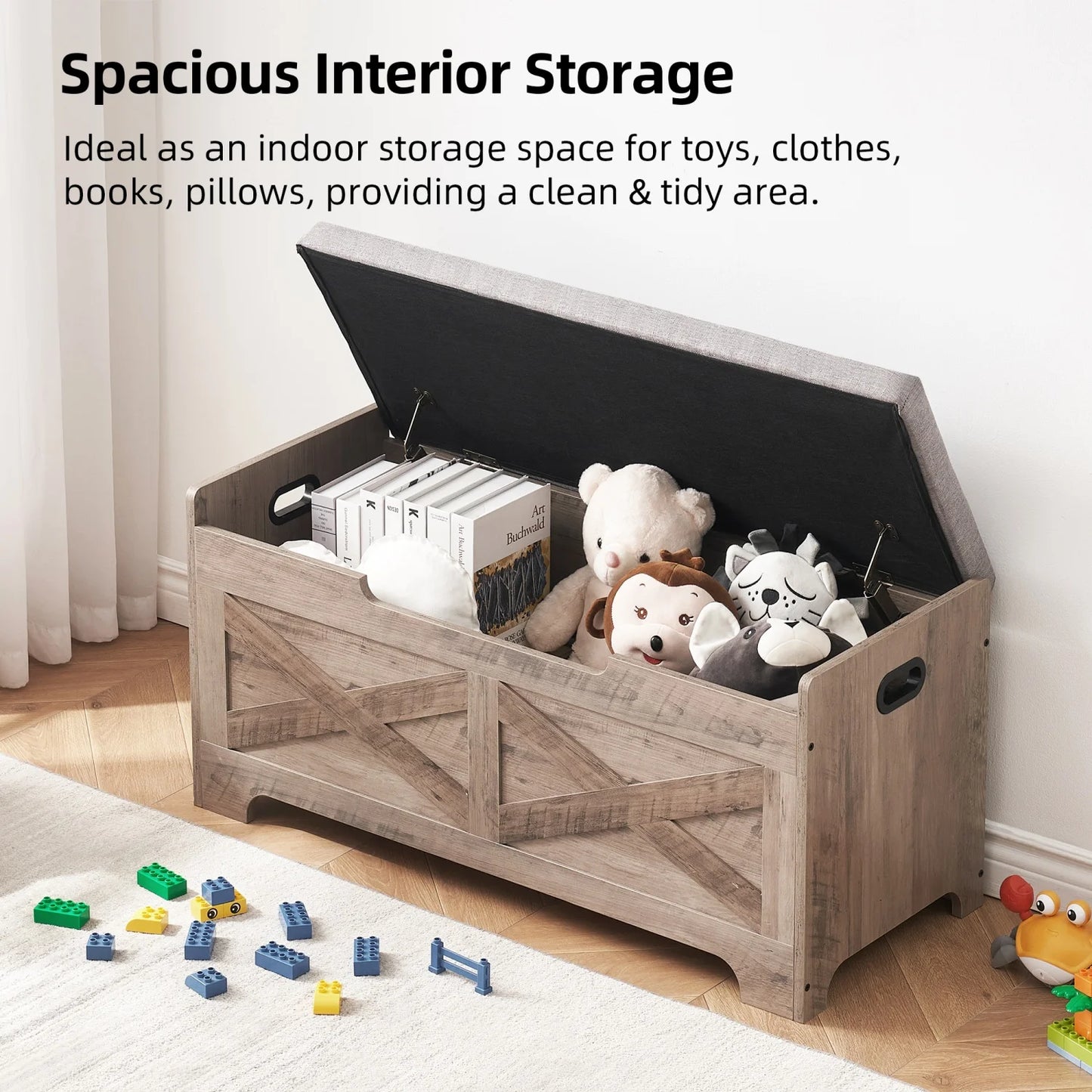 Storage Chest Wood Storage Bench with Seating and 2 Safety Hinge Farmhouse Entryway Bench with Storage for Bedroom Living Room