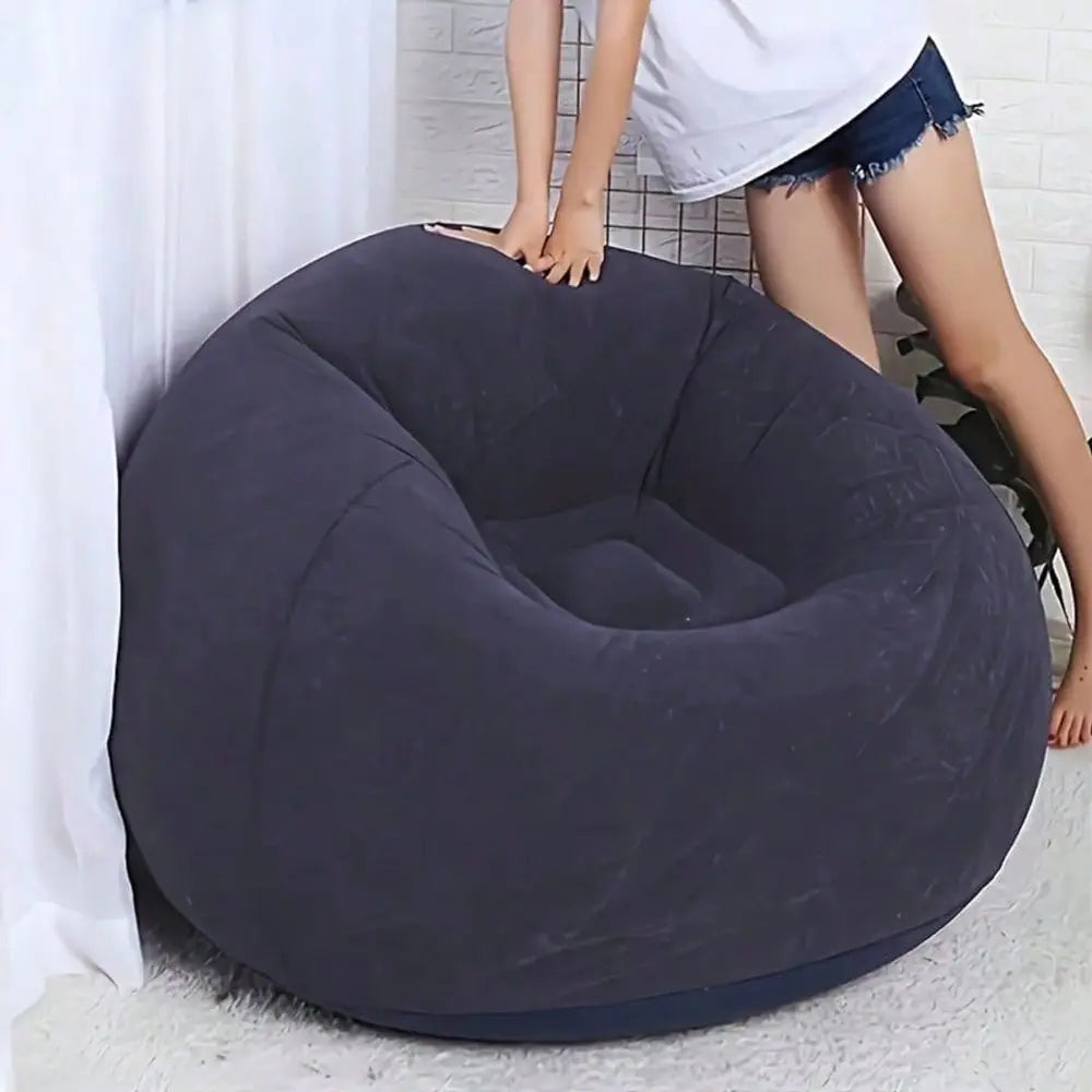 Blue Round Inflatable Single Sofa Chair, Comfort Inflatable Bean Bag Lounger For Indoor, Camping & Picnic