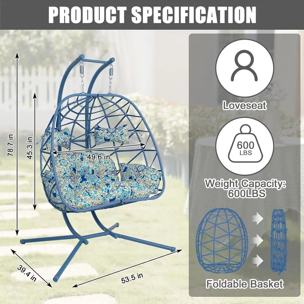 2 Person Double Hanging Egg Chair, Oversized Wicker Rattan Loveseat Swing Chair, Heavy Duty 600lbs acity, oldable Basket Hammock