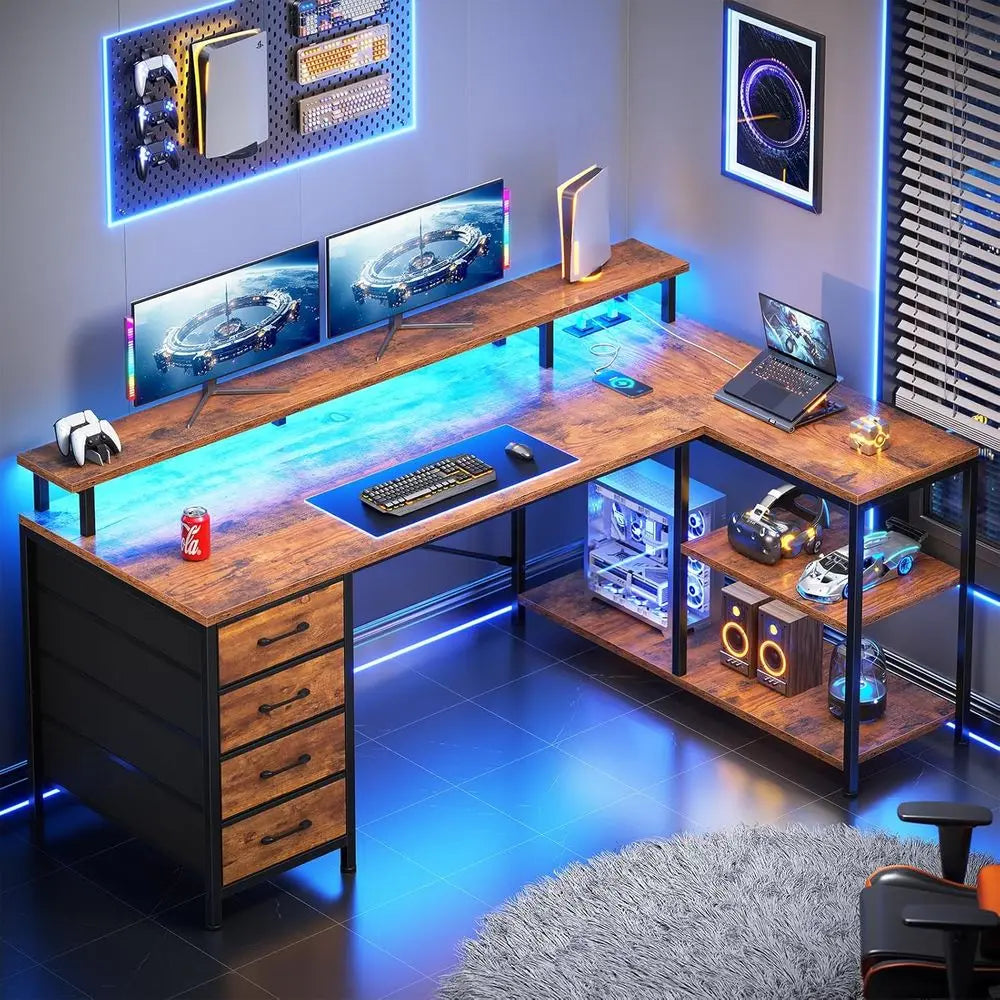 L Shaped Desk with Drawers, Shelves, LED Lights and Outlets