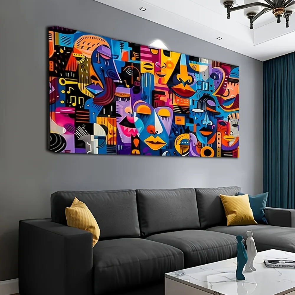 With stylized faces and geometric shapes, 1.5 inch thick pine frame, modern vintage art, suitable for interior decoration