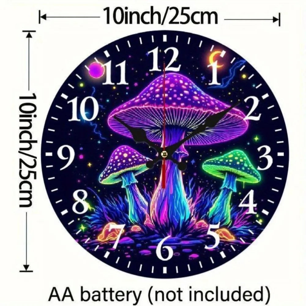 2D Flat Glowing Mushroom Themed Wall Clock Features a Silent Quartz Movement.It Is an Choice Wall Decoration, an Excellent Birth