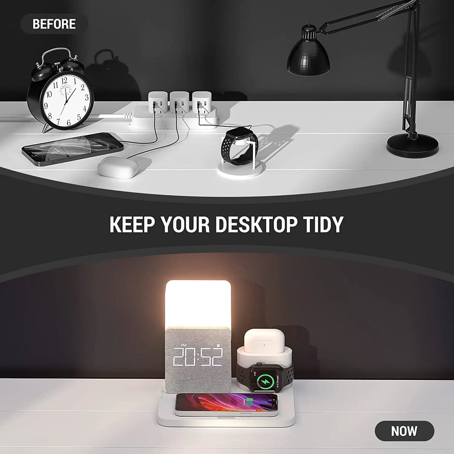 COLSUR 4 In 1 Wireless Charging Dock Alarm Clock For iPhone Apple Watch AirPods