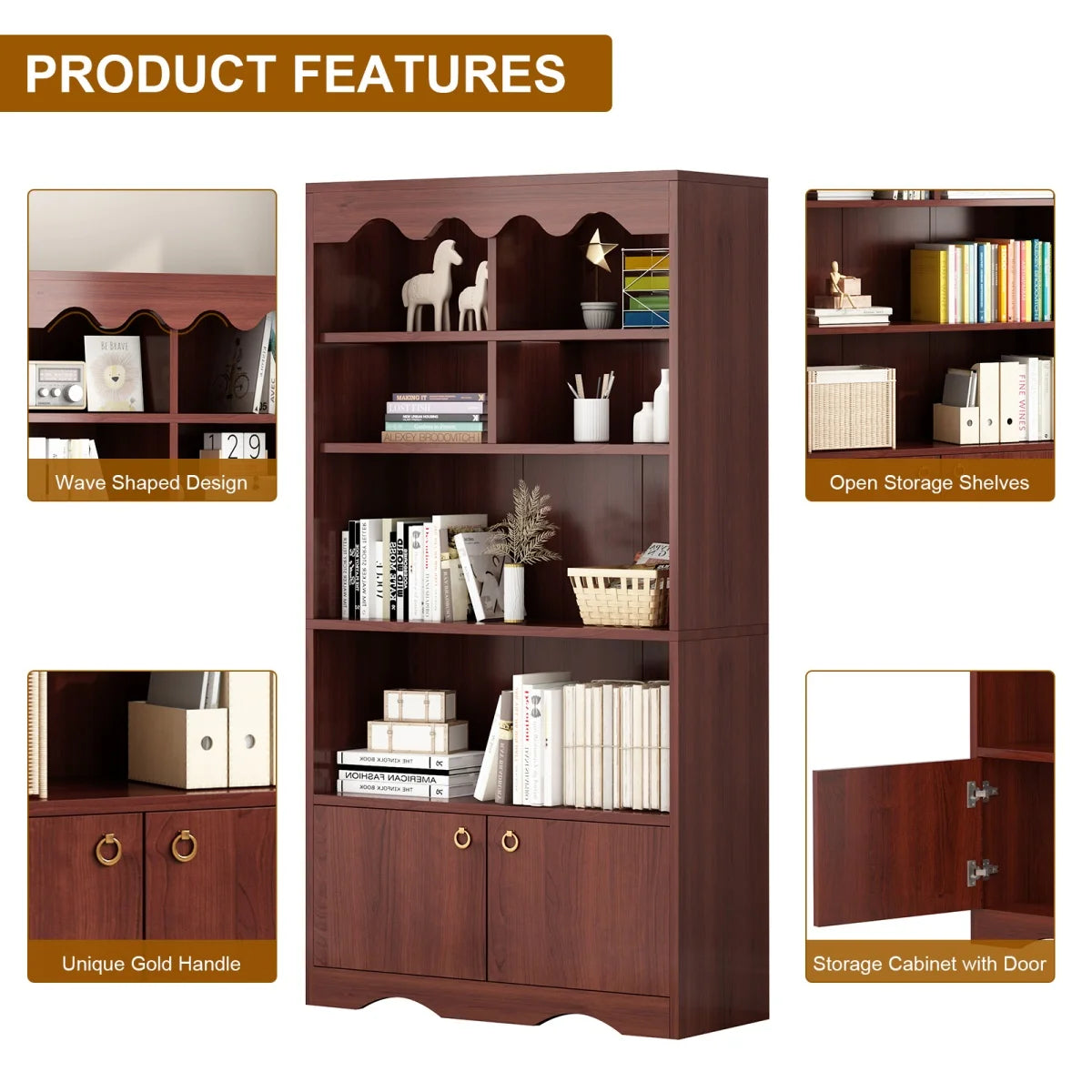 5-Tier Open Bookcase Tall Modern Bookshelf  Wood Display Floor Bookshelf Storage Organizer Shelf for Bedroom Living Room Office