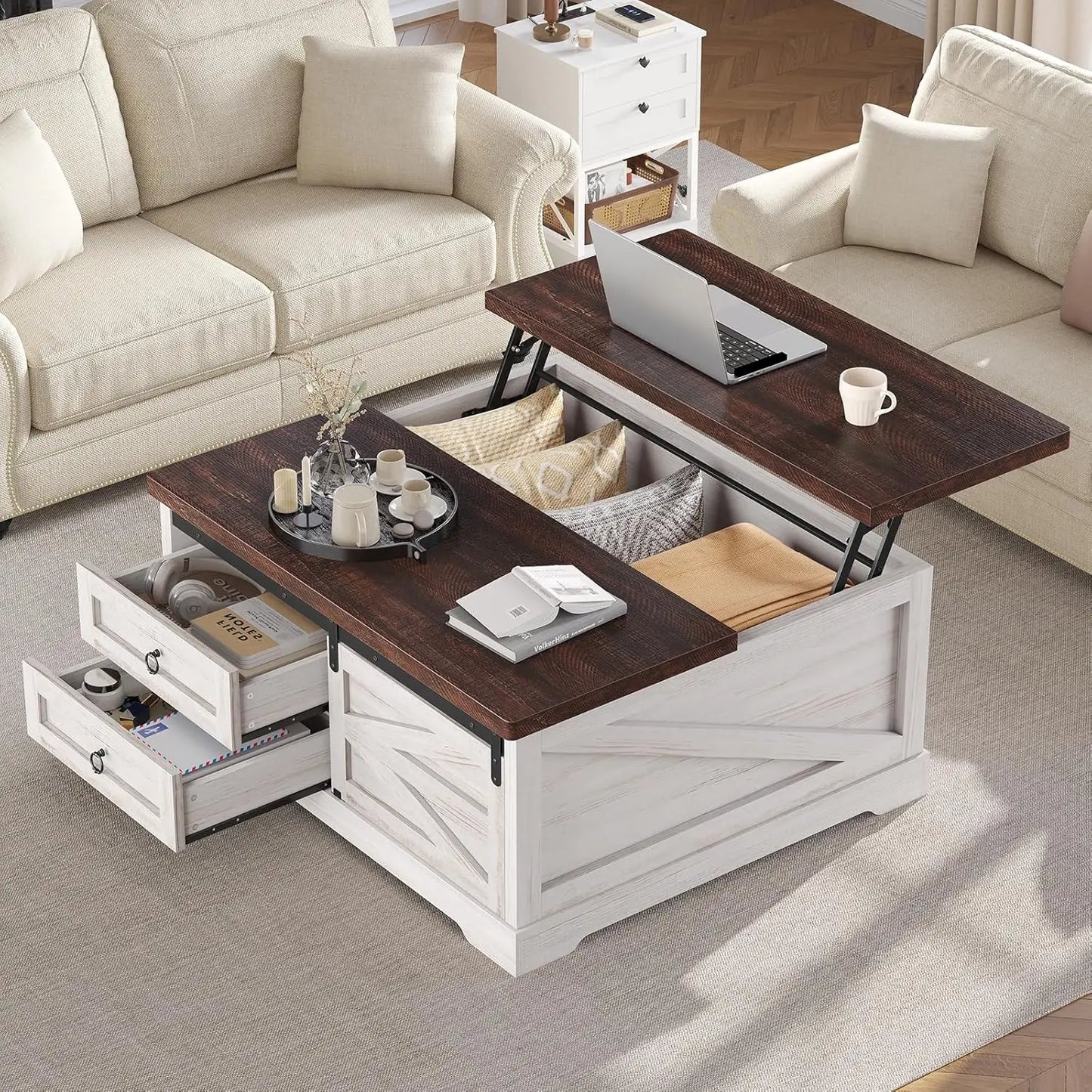 39.4in Lift Top Coffee Table Hidden Compartment 2 Drawers Adjustable Shelf Living Room , Custom