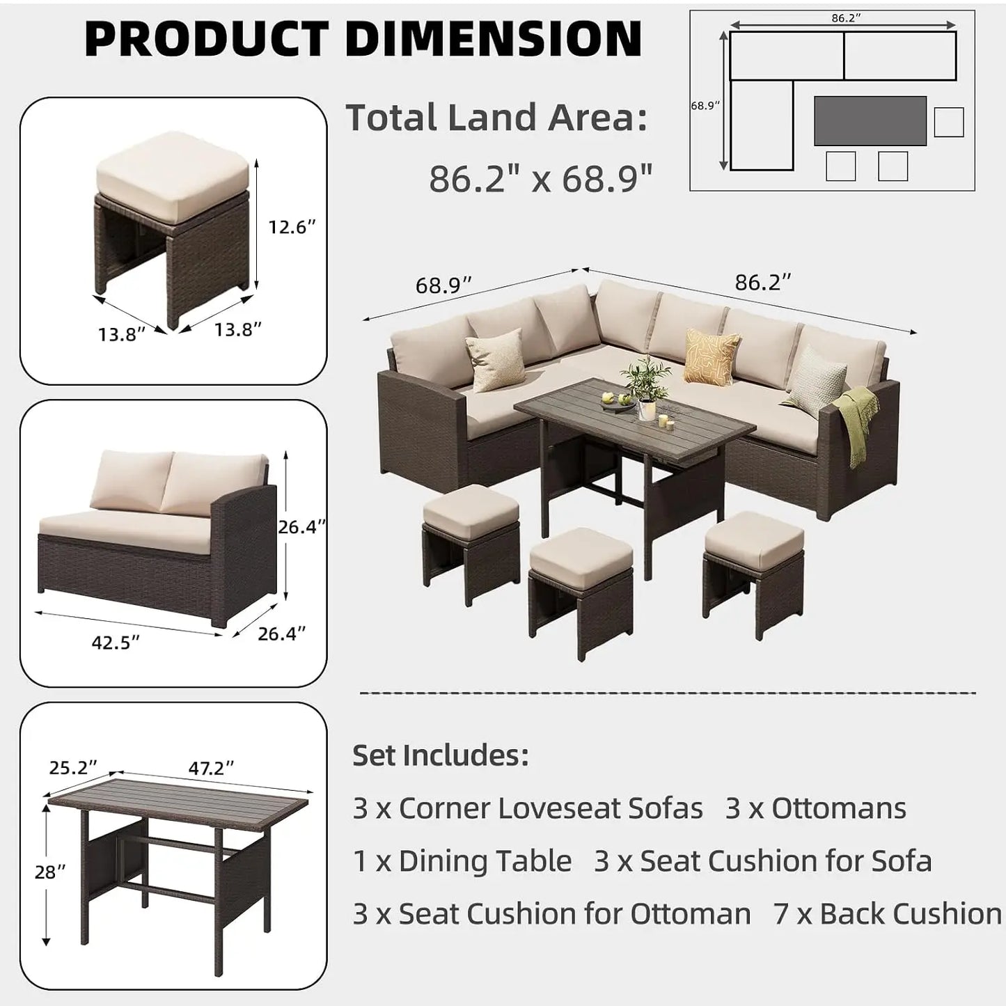 Outdoor Patio Furniture Set with Waterproof Cover, 7 Pieces Clearance Sectional Rattan Dining Table&Chairs, All Weather, Custom