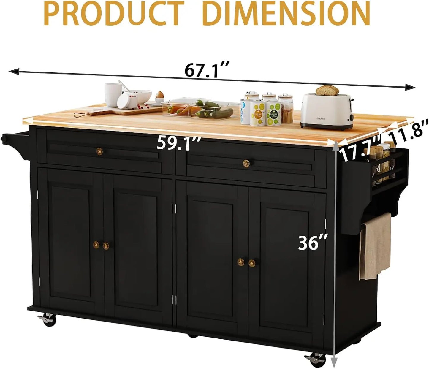 Movable Kitchen Island With Drop Leaf And Power Outlet Lockable