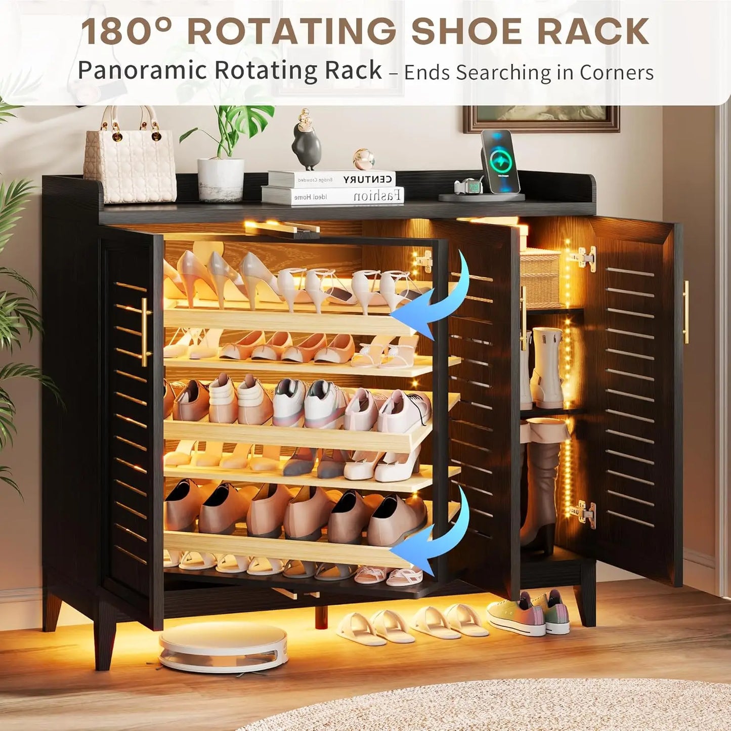 6 Tier Shoe Storage Cabinet with Shutter Doors and Adjustable Shelves, Rotating Shoe Organizer Cabinet with Human, Custom