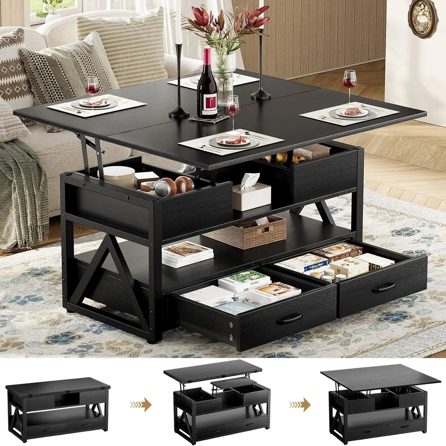 40" Lift Top Coffee Table,4 in 1 Multi-Function Lift Coffee Tables with Storage Drawers and Hidden Compartmen,Farmhouse, Custom