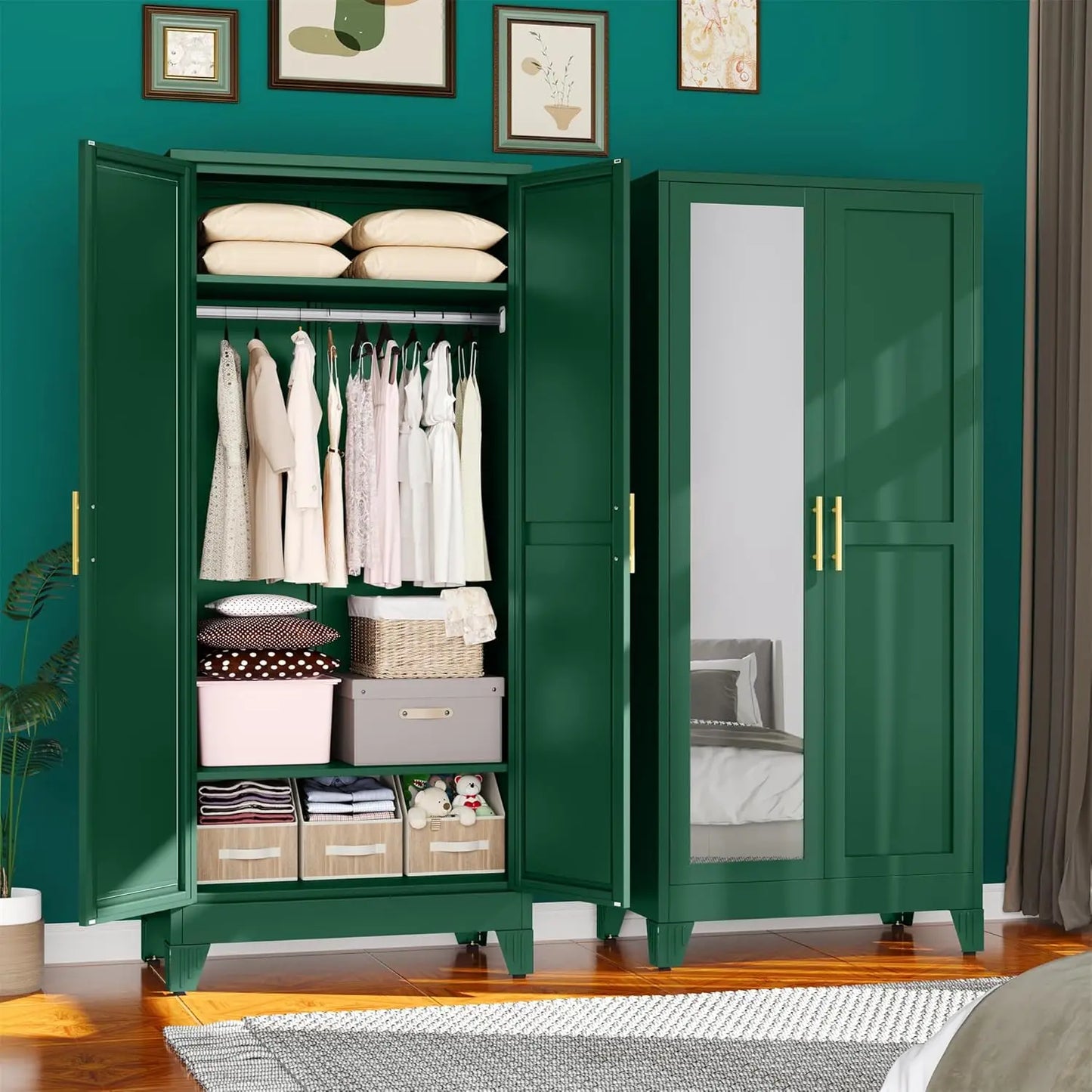 Metal Armoire Wardrobe Closet, 71 "Metal Clothing Storage Cabinet with Adjustable Shelves and Hanging Rod, Household, Custom