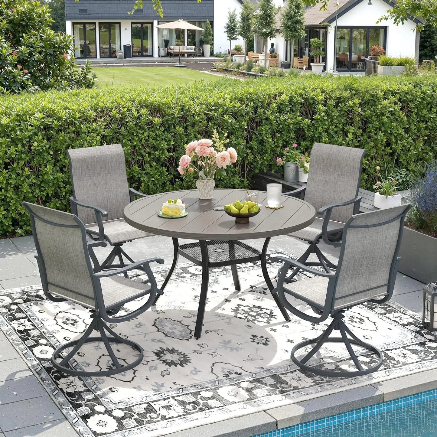 Outdoor Patio Dining Set With Four Textilene Swivel Chairs And Round Table