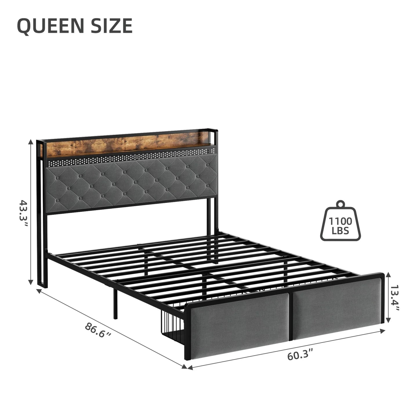 Bed Frame with Headboard,Modern Linen Upholstered Bed Frame with Strorage Drawers,Charging Station,Led Light, Metal Slat Support