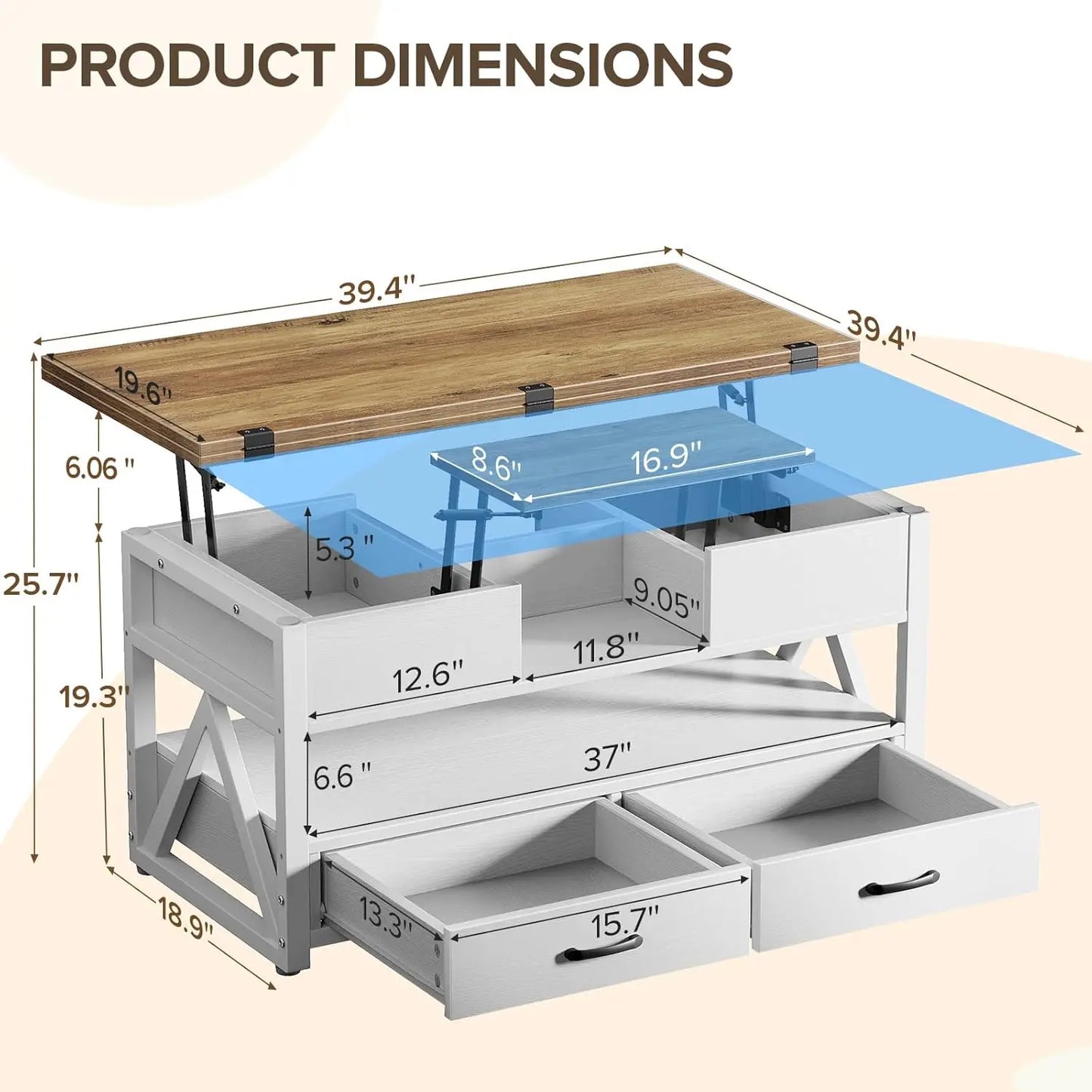 40" Lift Top Coffee Table,4 in 1 Multi-Function Lift Coffee Tables with Storage Drawers and Hidden Compartmen,Farmhouse, Custom