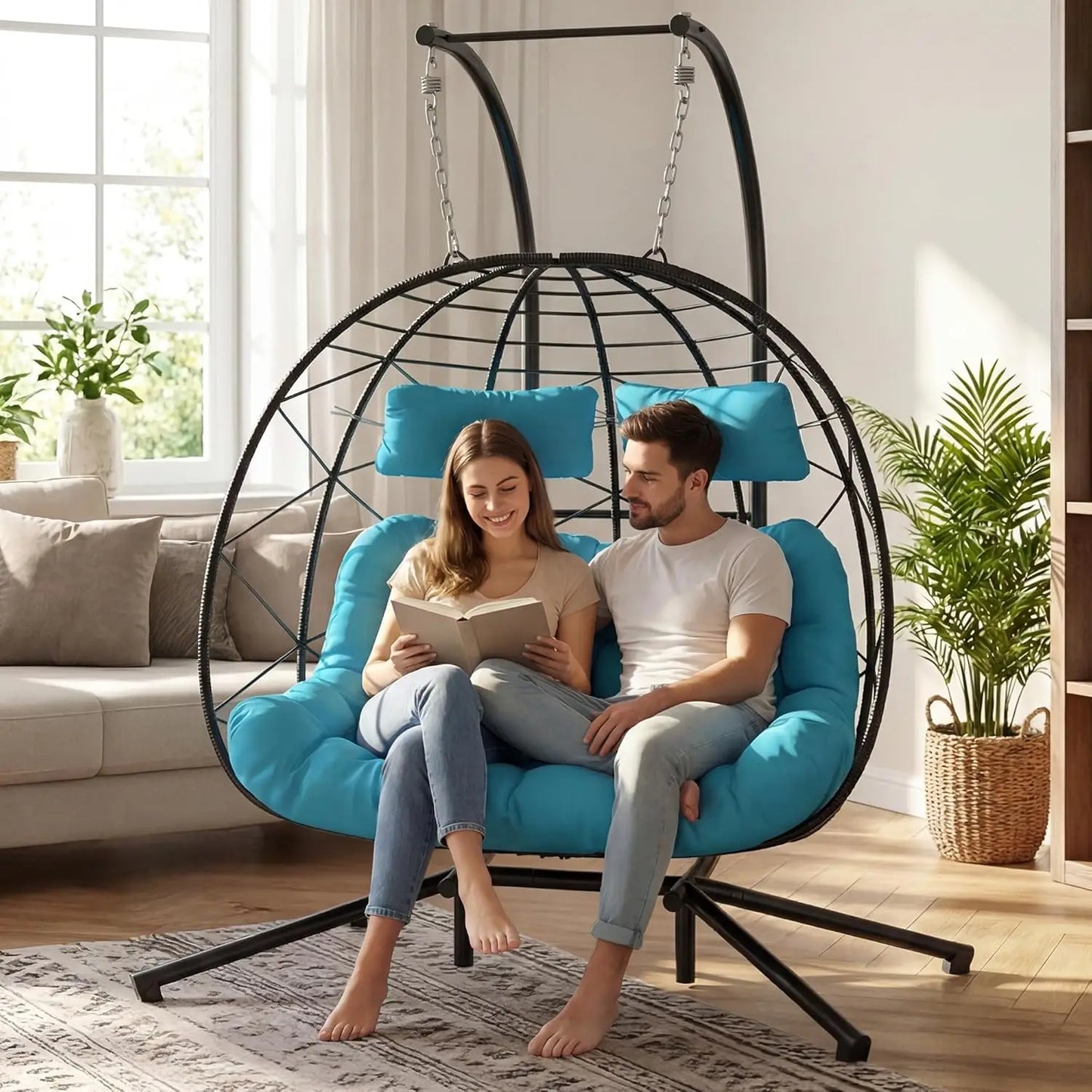 Set of 2 Wicker Hanging Egg Chairs with Stand, 700 lb Capacity, Indoor/Outdoor Double Egg Swing Hammock Chairs for, Custom