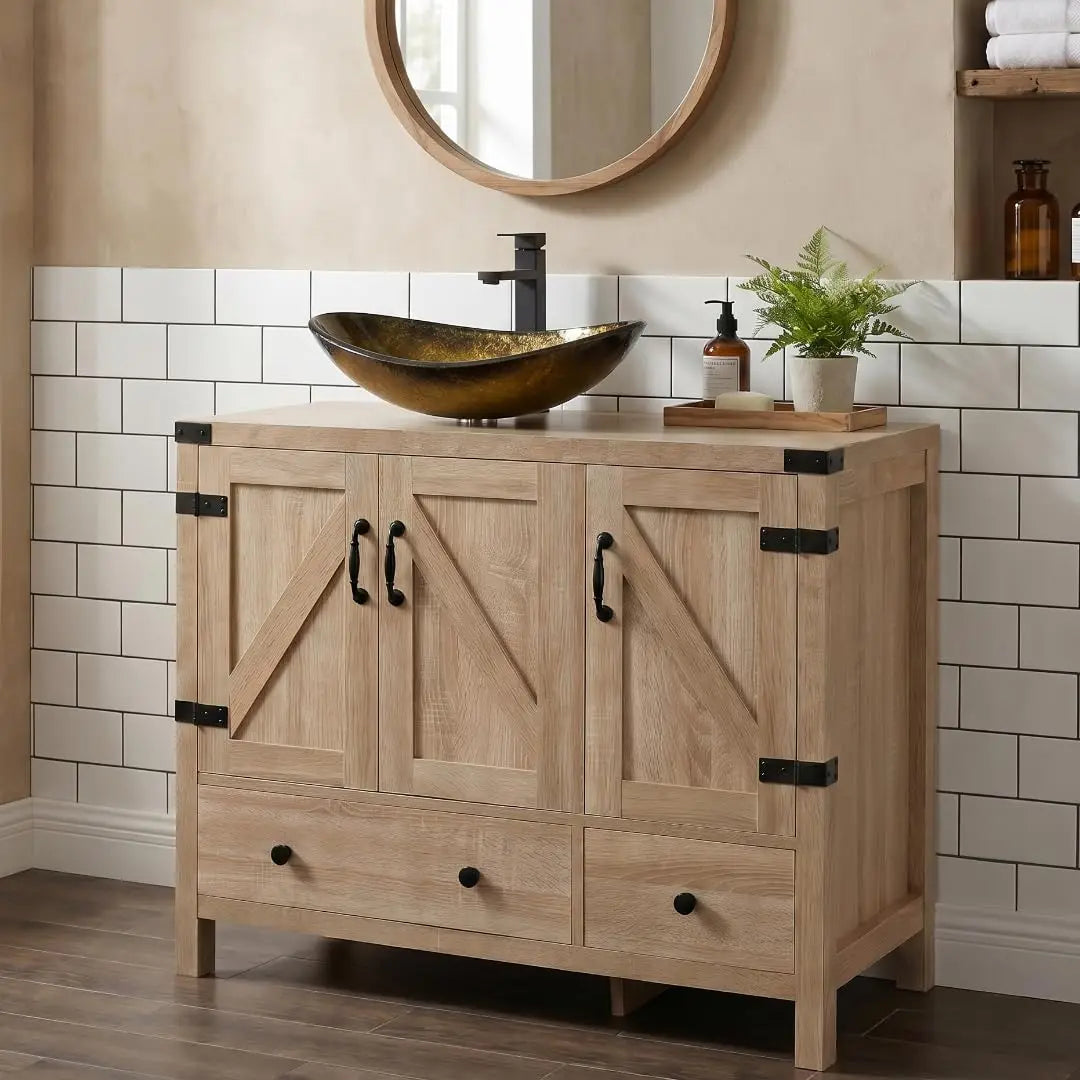36" Natural Color Bathroom Vanity, Rustic Fixture Standing Pedestal Cabinet with White Ceramic Sink, Custom