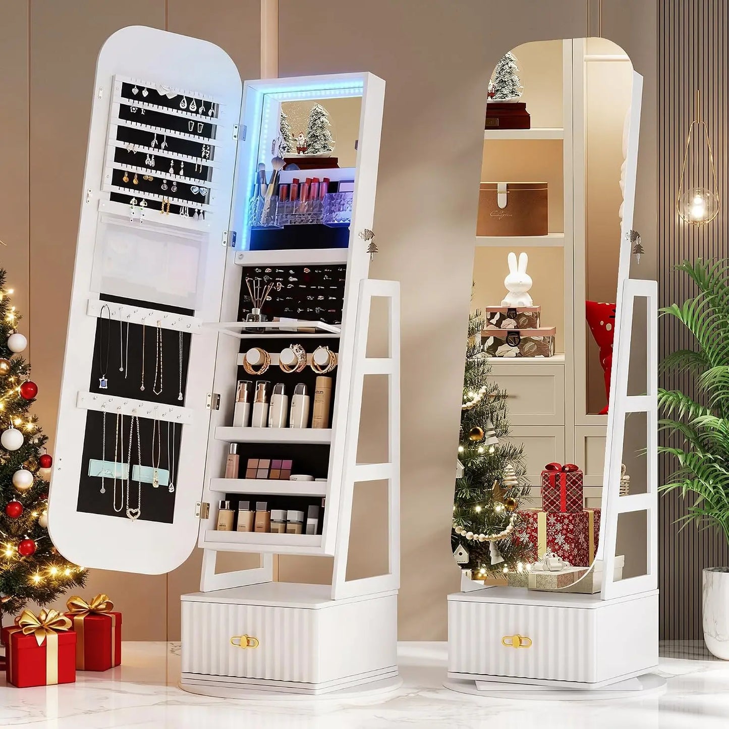 360°Swivel jewelry organizer with Full Length Mirror with Lights,Jewelry Armoires Cabinet Standing with Drawer,Large, Custom