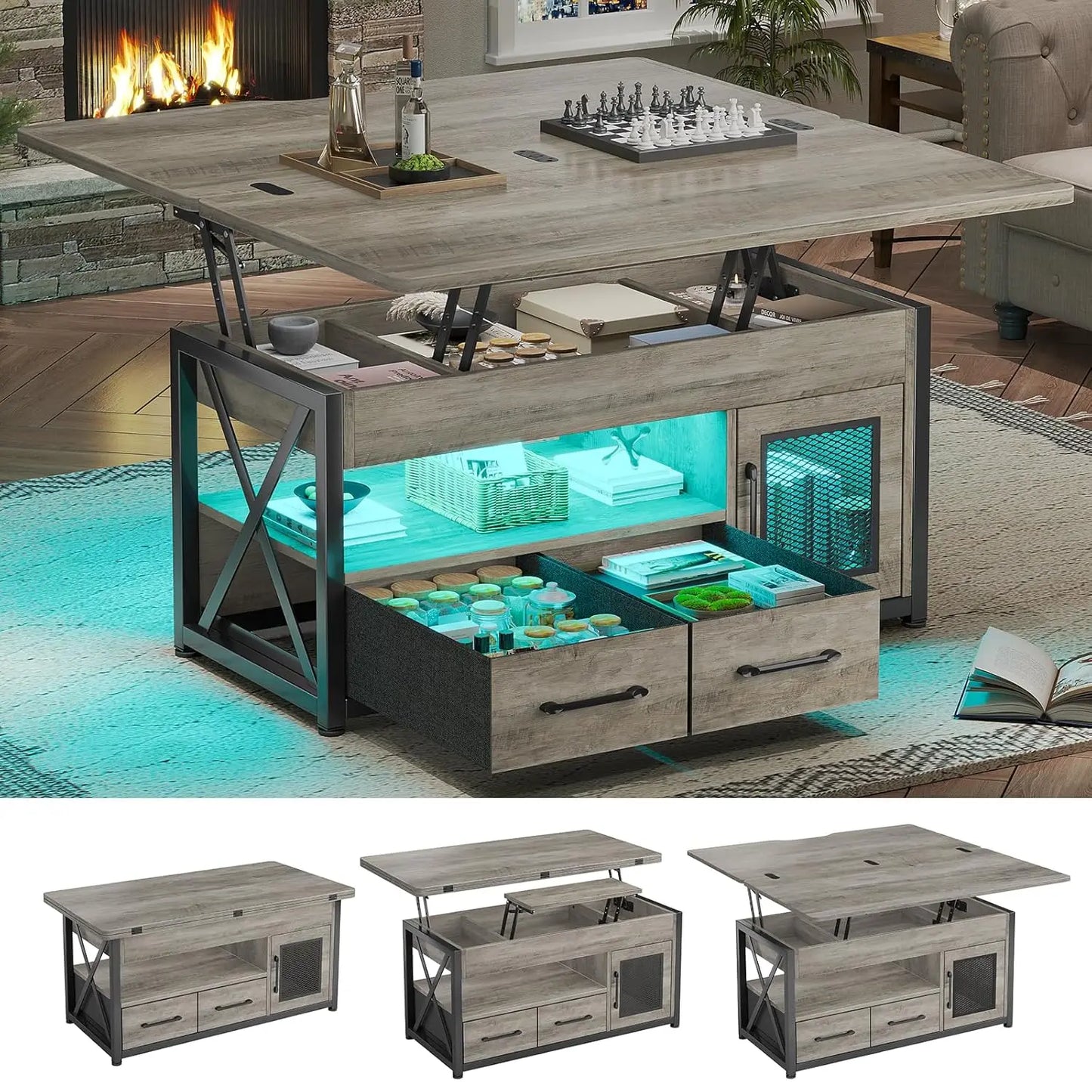 Lift Top Coffee Table Storage Cabinet 4 in 1 with 2 Fabric Drawers LED Light Living Room Dining Room 40Custom