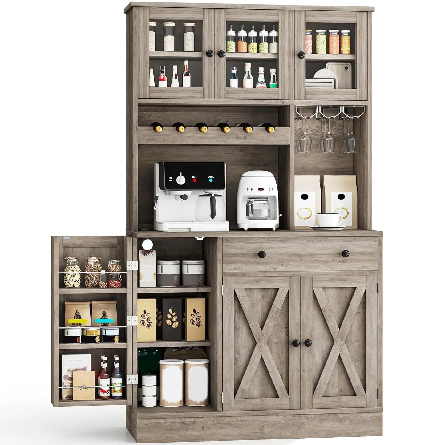 MOYU Kitchen Pantry Cabinet With Wine Rack And Power Outlet