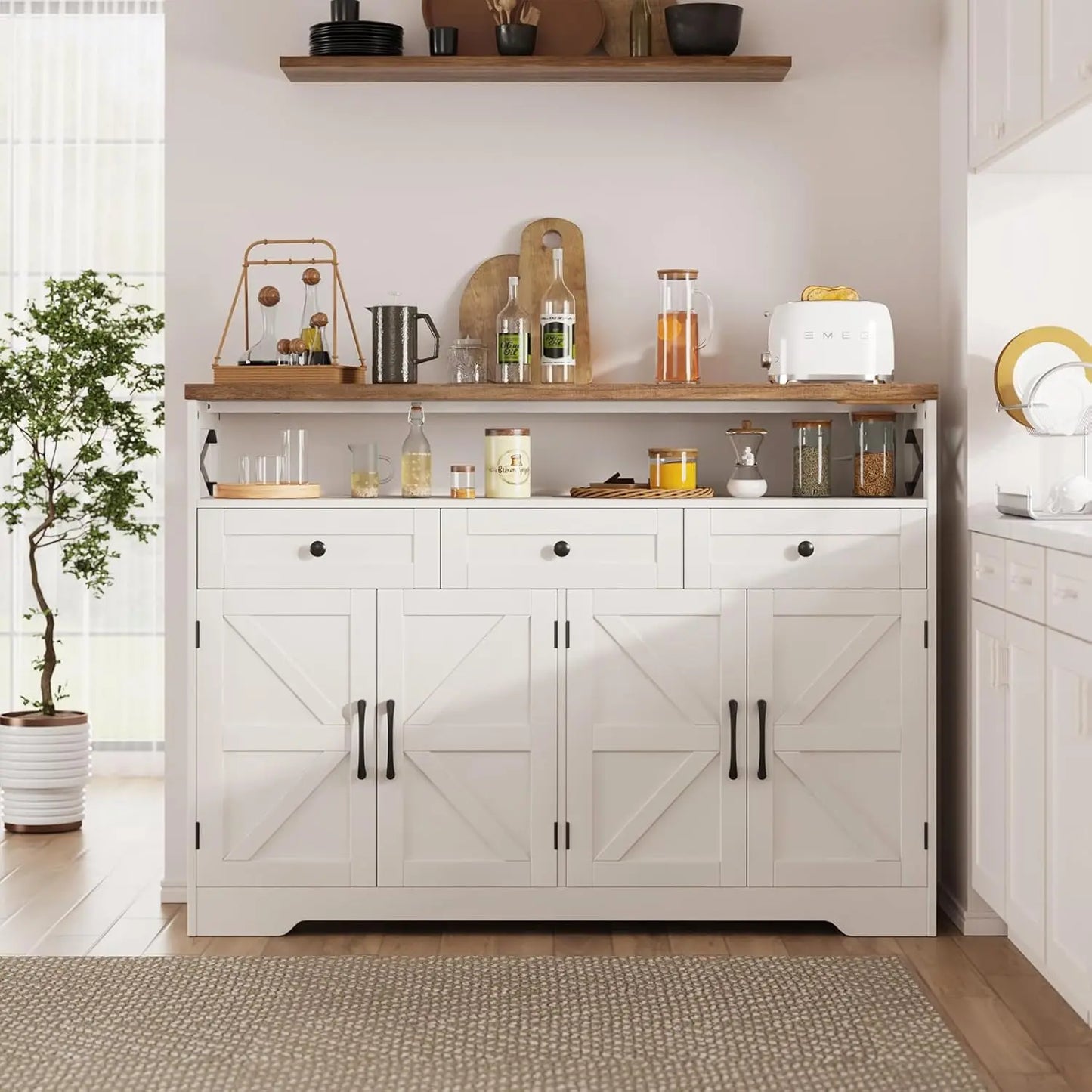 Farmhouse Buffet Cabinet With Drawers And Open Shelf Kitchen Hutch