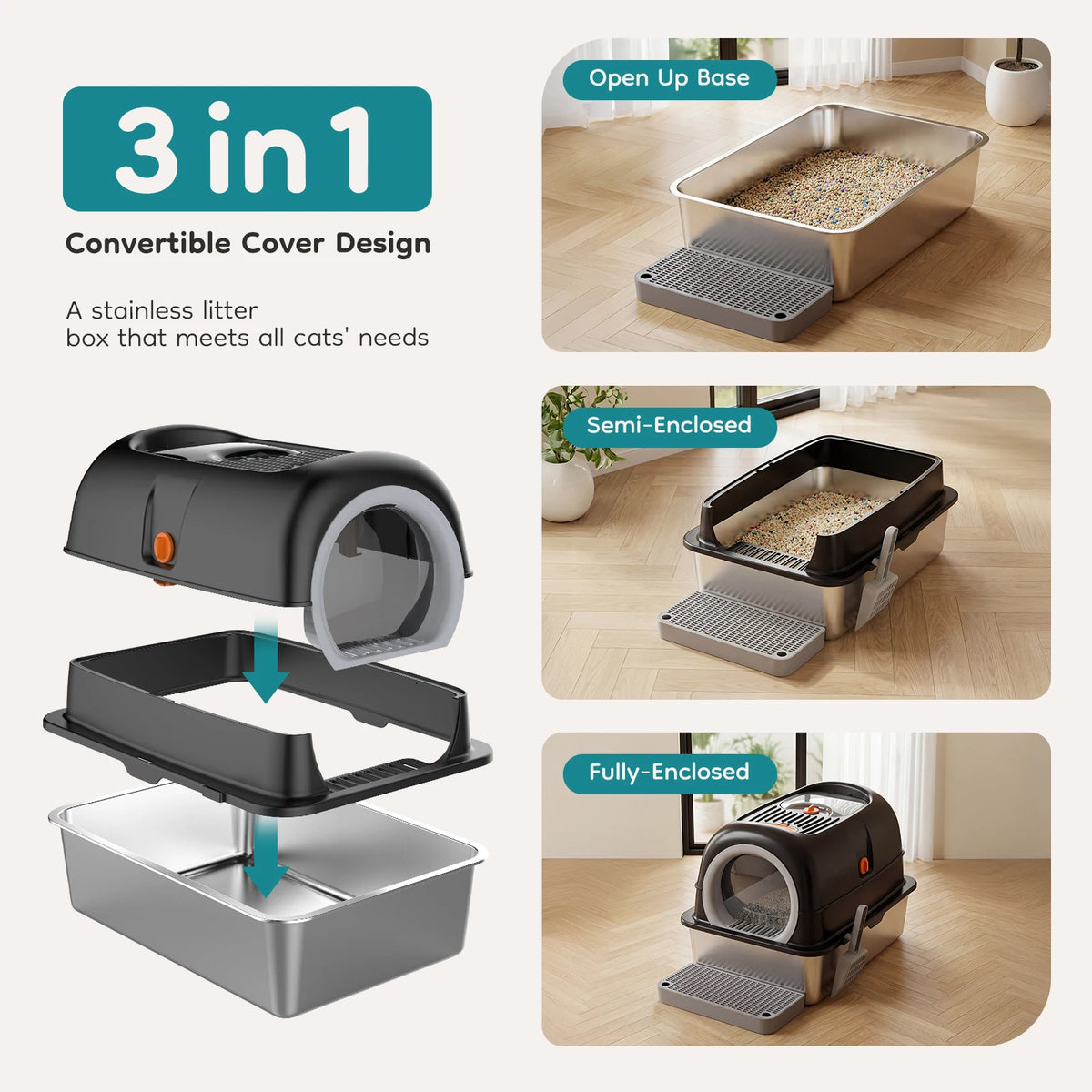 Enclosed Stainless Steel Cat Litter Box with Scoop and Mat
