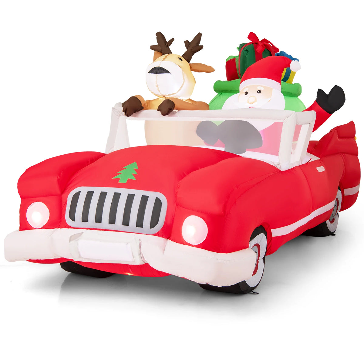 LIFEZEAL Lighted Christmas Inflatable Santa And Reindeer Driving Red Car