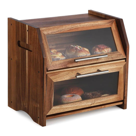 2 Layer Bread Box with Clear Windows, Wooden Bread Storage Container, Kitchen Countertop Bread Holder for Bread,Bagels and Rolls