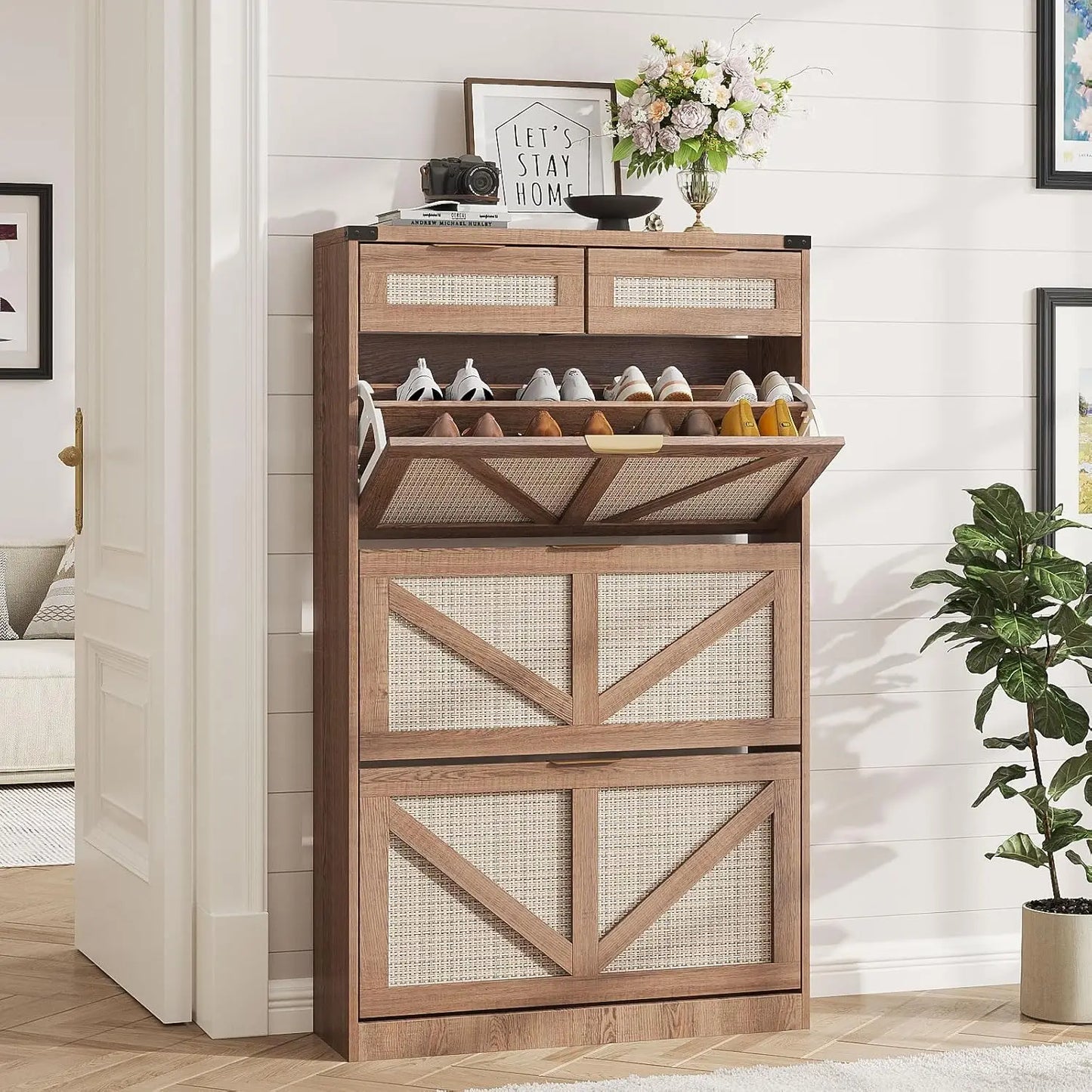 Shoe Cabinet with 3 Flip Drawers & 2 Drawers,Freestanding Shoe Storage Cabinet for Entryway,Farmhouse Narrow Slim, Custom
