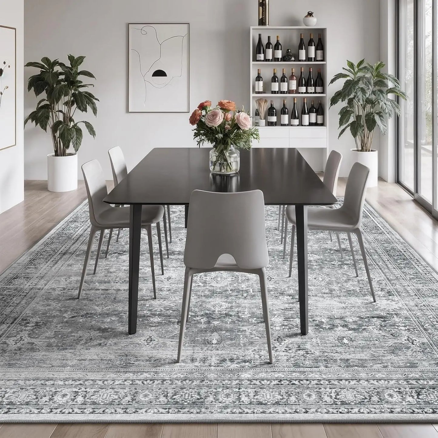 Soft Floral Wool Silk Washable Area Rug With Non-Slip Backing
