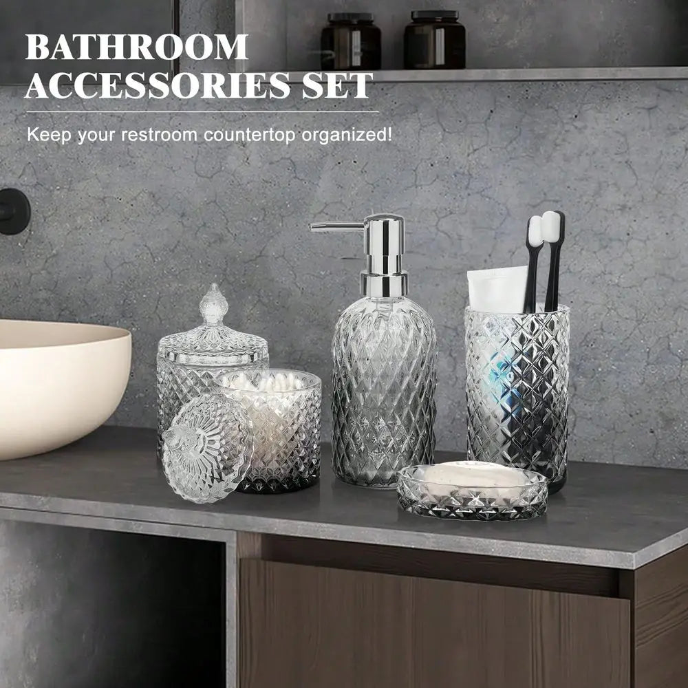 Bathroom Accessory Set 5 Piece Glass Soap Dispenser Dish Toothbrush Holder