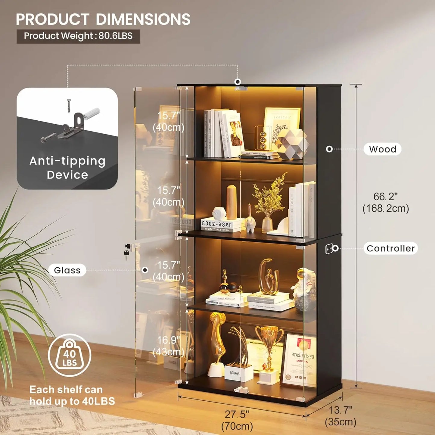 ZHILU Lockable Glass Door Display Cabinet 4 Tier Lighted Curio Cabinet