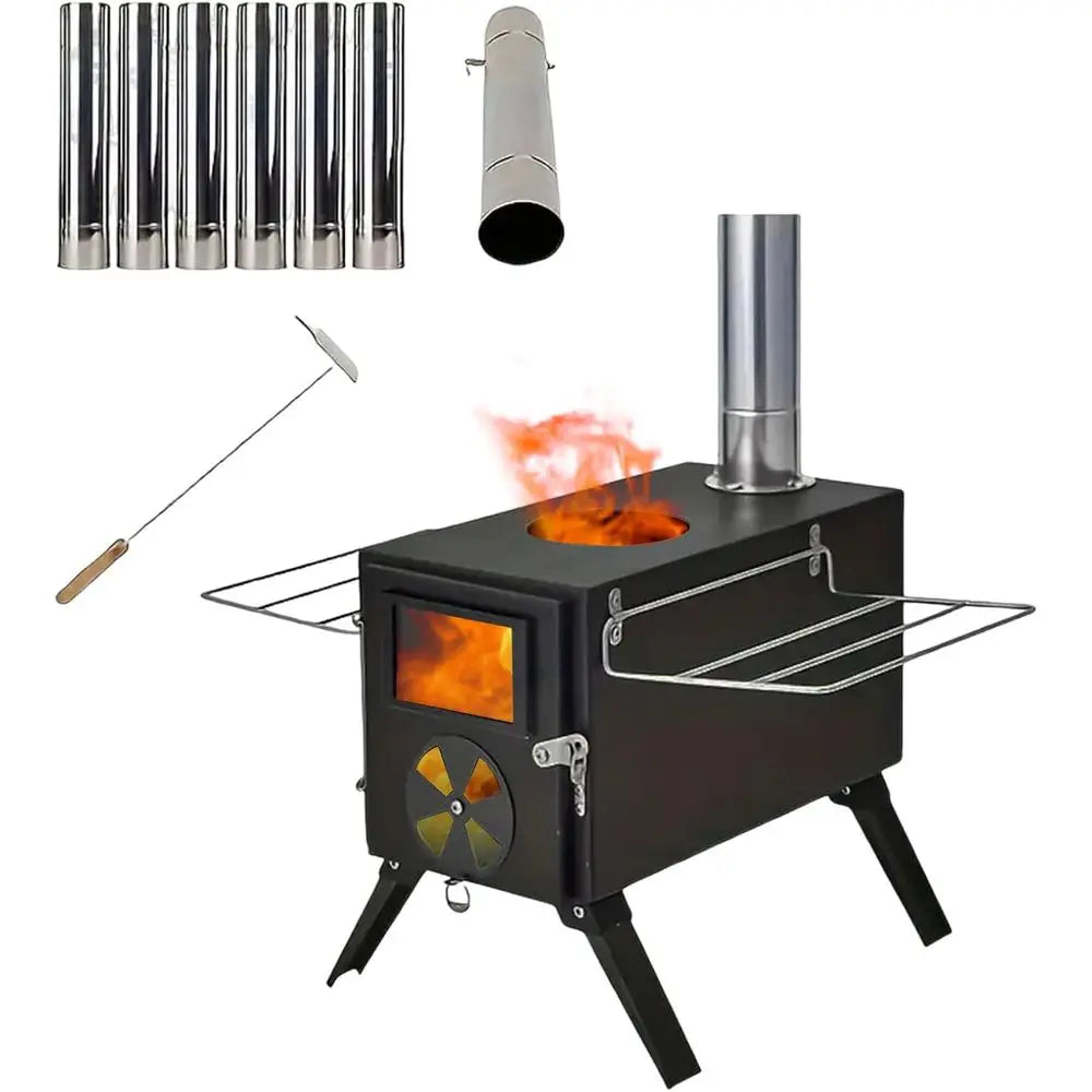 Hot Tent Stove, Portable Wood Burning Tent Stove Carbon Steel Camping Wood Stove with 7 Chimney Pipes or Tent, Camping, Ice-ishi
