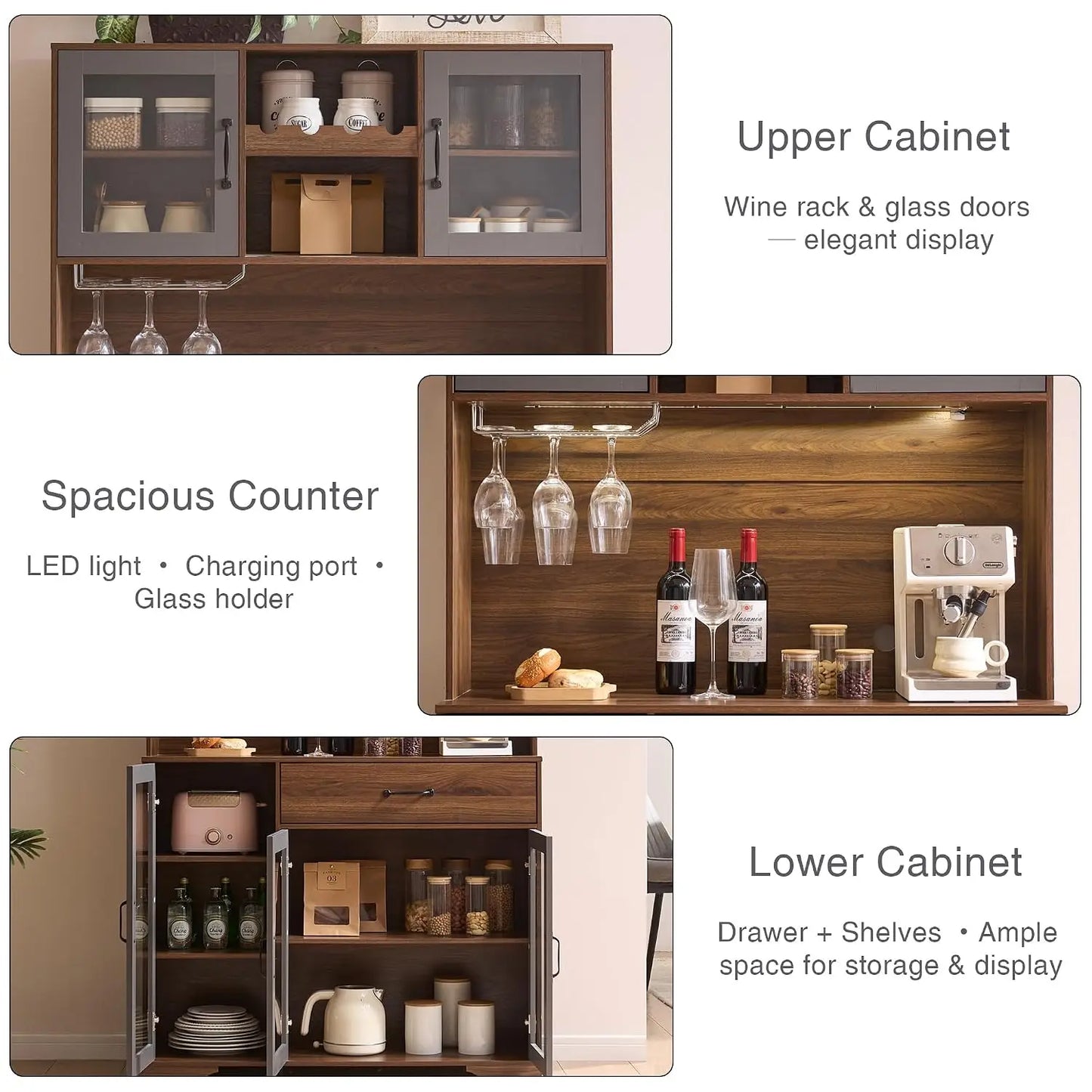 71" Tall Pantry Cabinet with Glass Doors, Kitchen Hutch Storage Cabinet, Coffee Bar & Liquor Cabinet with Charging, Customized