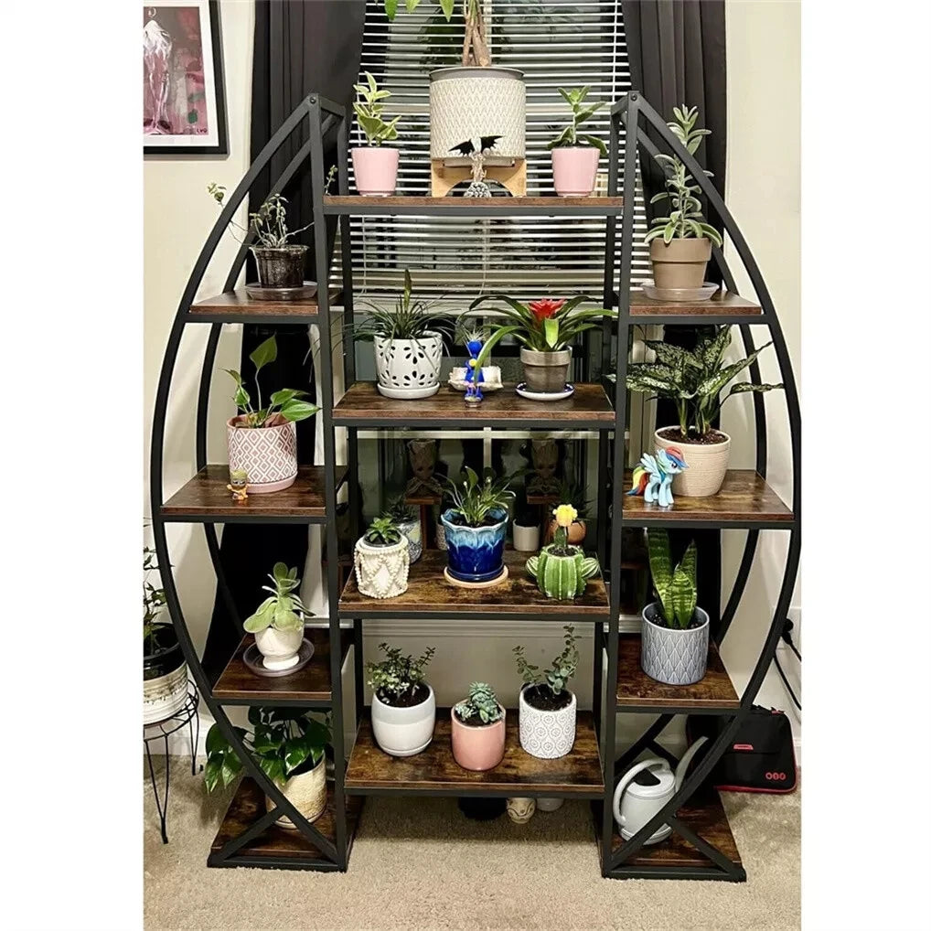 Wisfor Oval Bookshelf, Plant Stand 5 Tier Etagere Bookcase, Half-Moon Shaped Industrial Display Shelves for Living Room