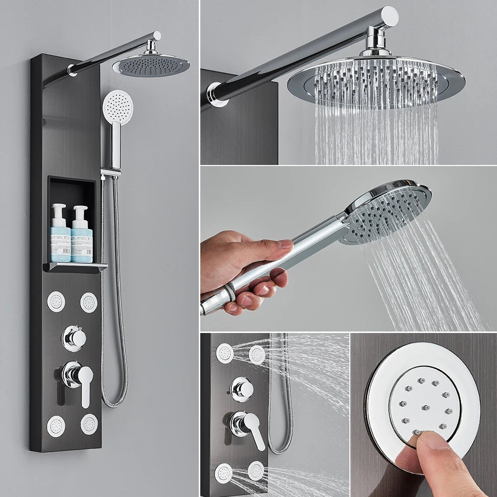 Black/Brushed Bathroom Shower Faucet LED Rainfall Head Shower Panel Set Bathtub Mixer Tap With Hand Sprayer Temperature Screen