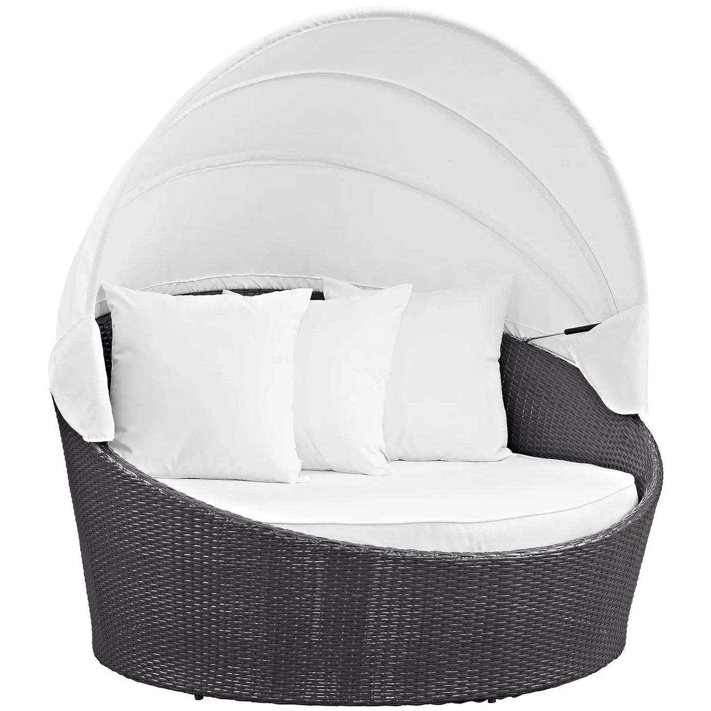 Convene Wicker Rattan Outdoor Patio Retractable Canopy Round Poolside Sofa Daybed in Espresso Mocha, Custom