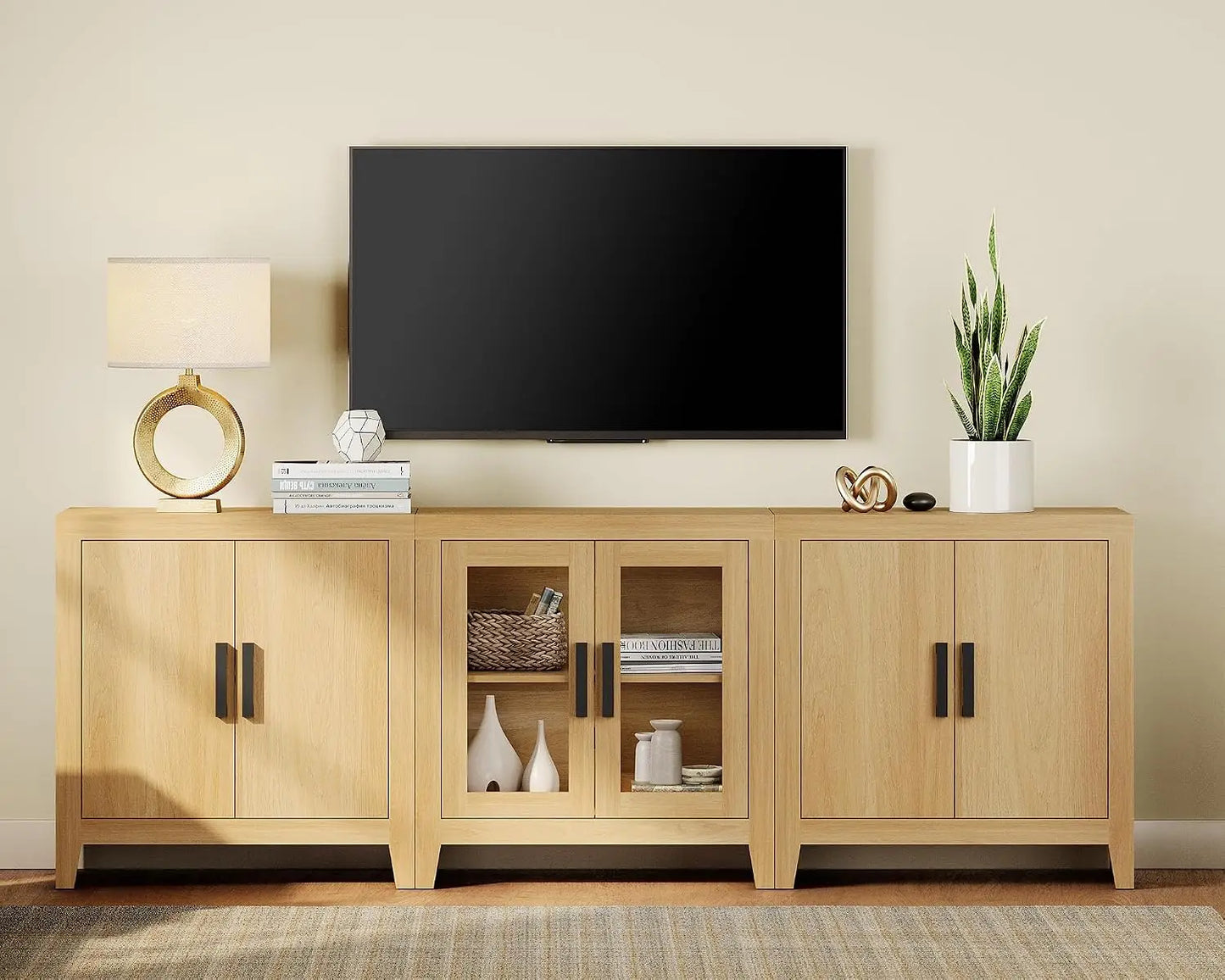 Farmhouse TV Stand for TVs up to 85 Inch, 3-Piece Modular Entertainment Center with Glass and Wood Doors, Media, Customized