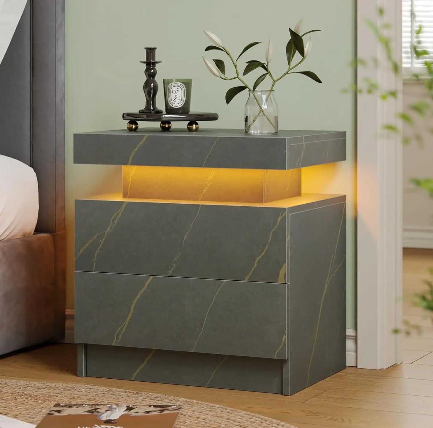 White LED Nightstand With Two Wood Drawers Bedside Table