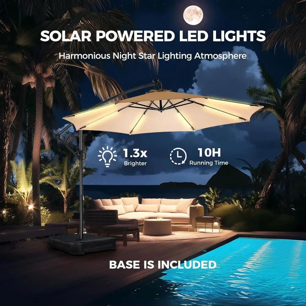HOMSHADE 10 t Oset Patio Umbrella with r Lights, LED Lighted Umbrella Outdoor Patio with Base Included, Heavy Duty Hanging Canti