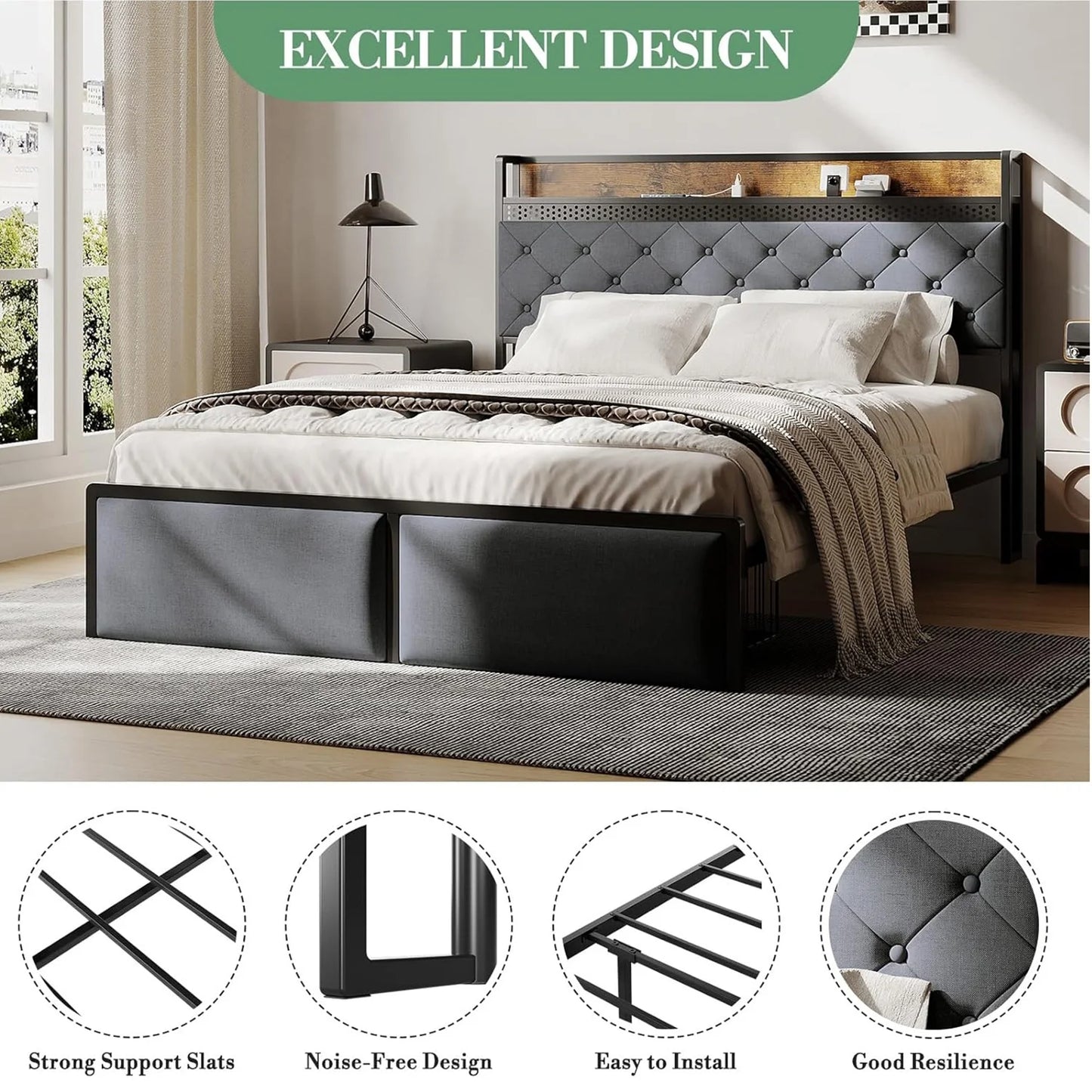 Bed Frame with Headboard,Modern Linen Upholstered Bed Frame with Strorage Drawers,Charging Station,Led Light, Metal Slat Support