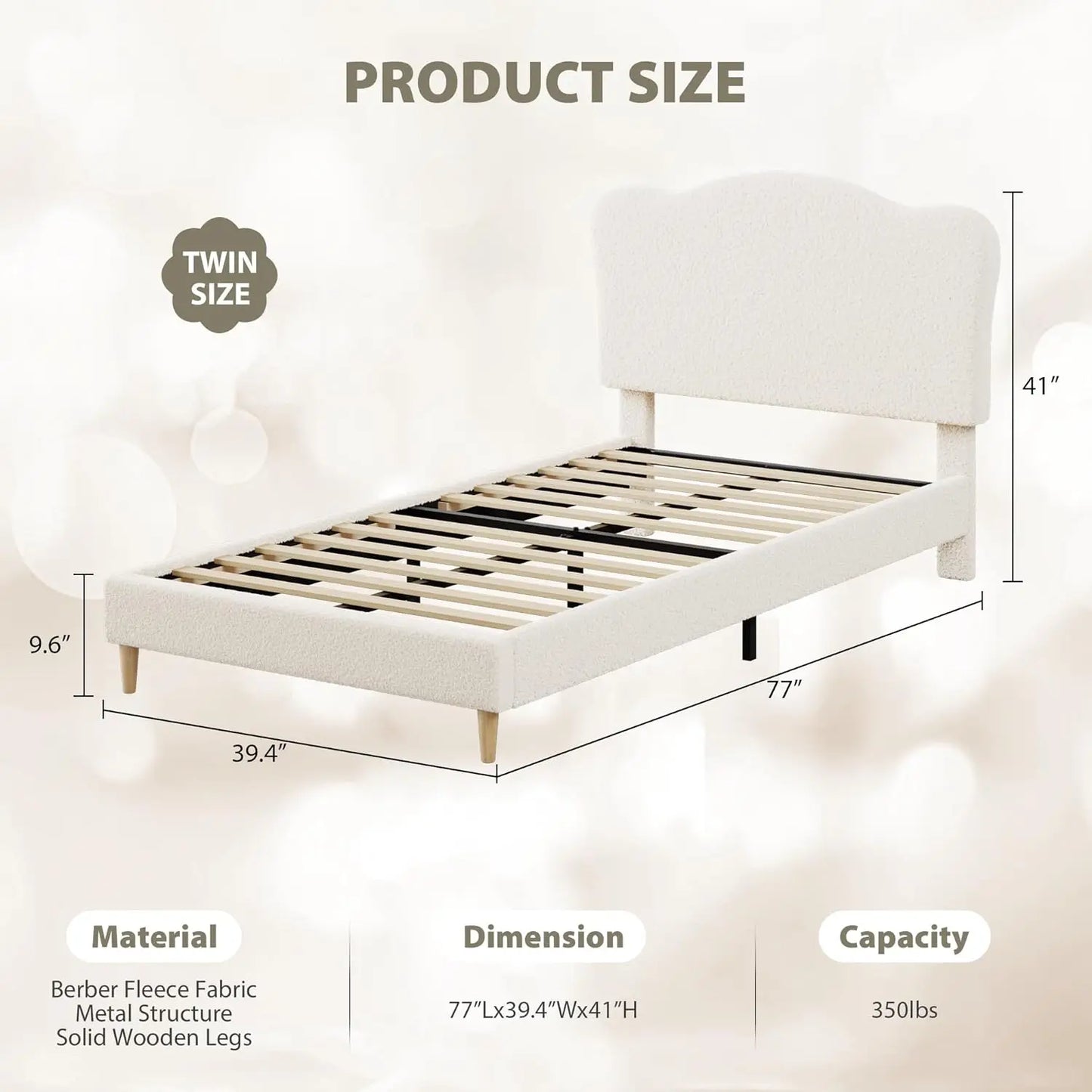 Upholstered Twin Size Bed Frame for Kids with Scallop Headboard, Cute Velvet Twin Bed, Sturdy Platform Bed, No Box Spring Needed