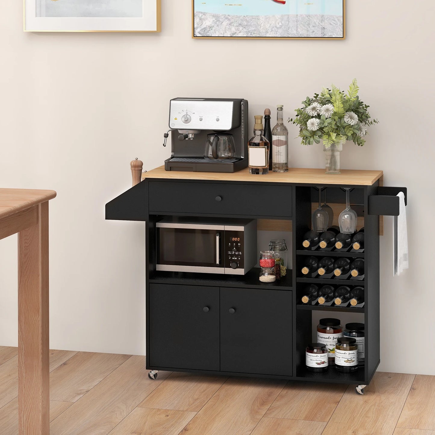 Kitchen Island Cart w/ Drop-Leaf & Power Outlet Microwave Shelf Wine Rack Drawer