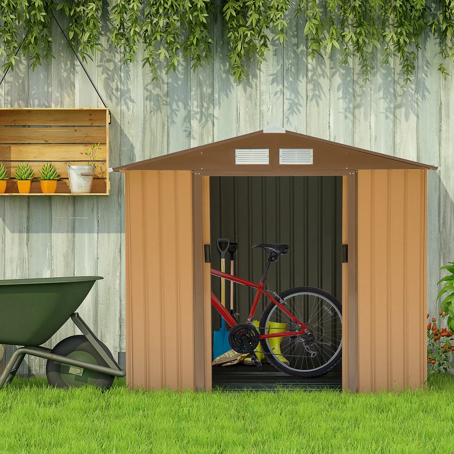 7' X 4' Outdoor Steel Tool Garden Shed Organizer W/ 2 Sliding Doors, Brown
