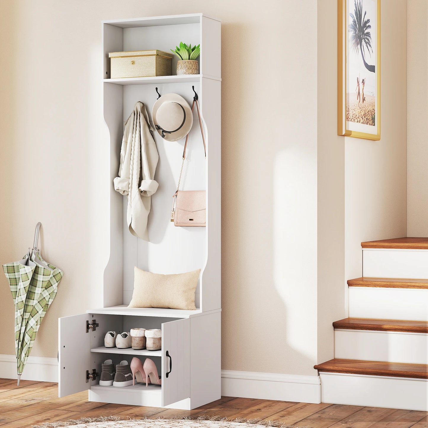 3-in-1 Hall Tree w/ Bench Storage Adjustable Shelves Hanging Hooks for Entryway