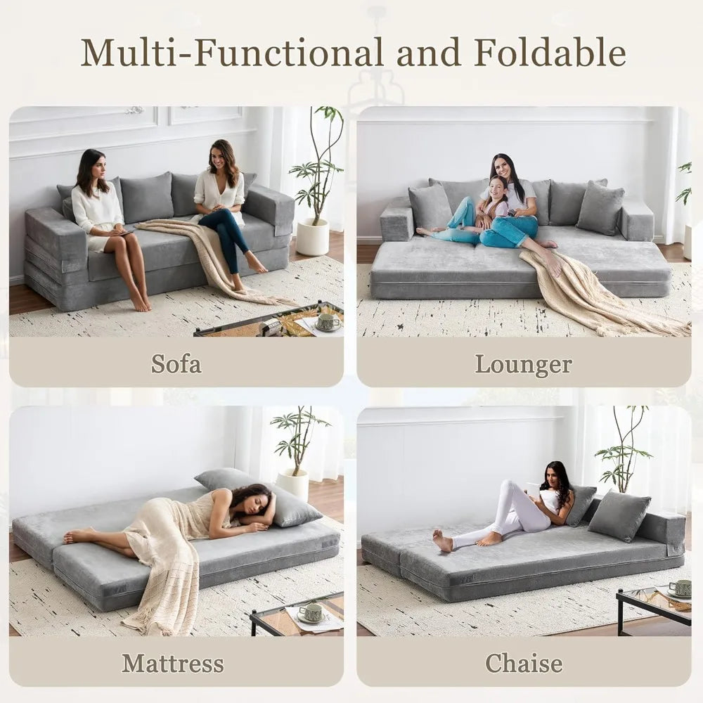 Queen Size 4-in-1 Convertible Sofa Bed - Chenille Fold out Sleeper Couch with Armrest And Pillows - Floor Chaise Lounge
