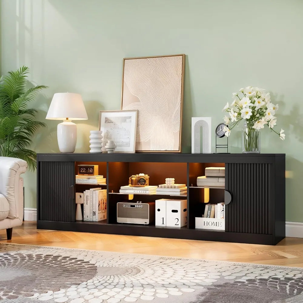 70" Fluted TV Stand Modern Entertainment Center with LED Lights, Adjustable Glass Shelves & Storage Cabinet, Media ConsoleCustom