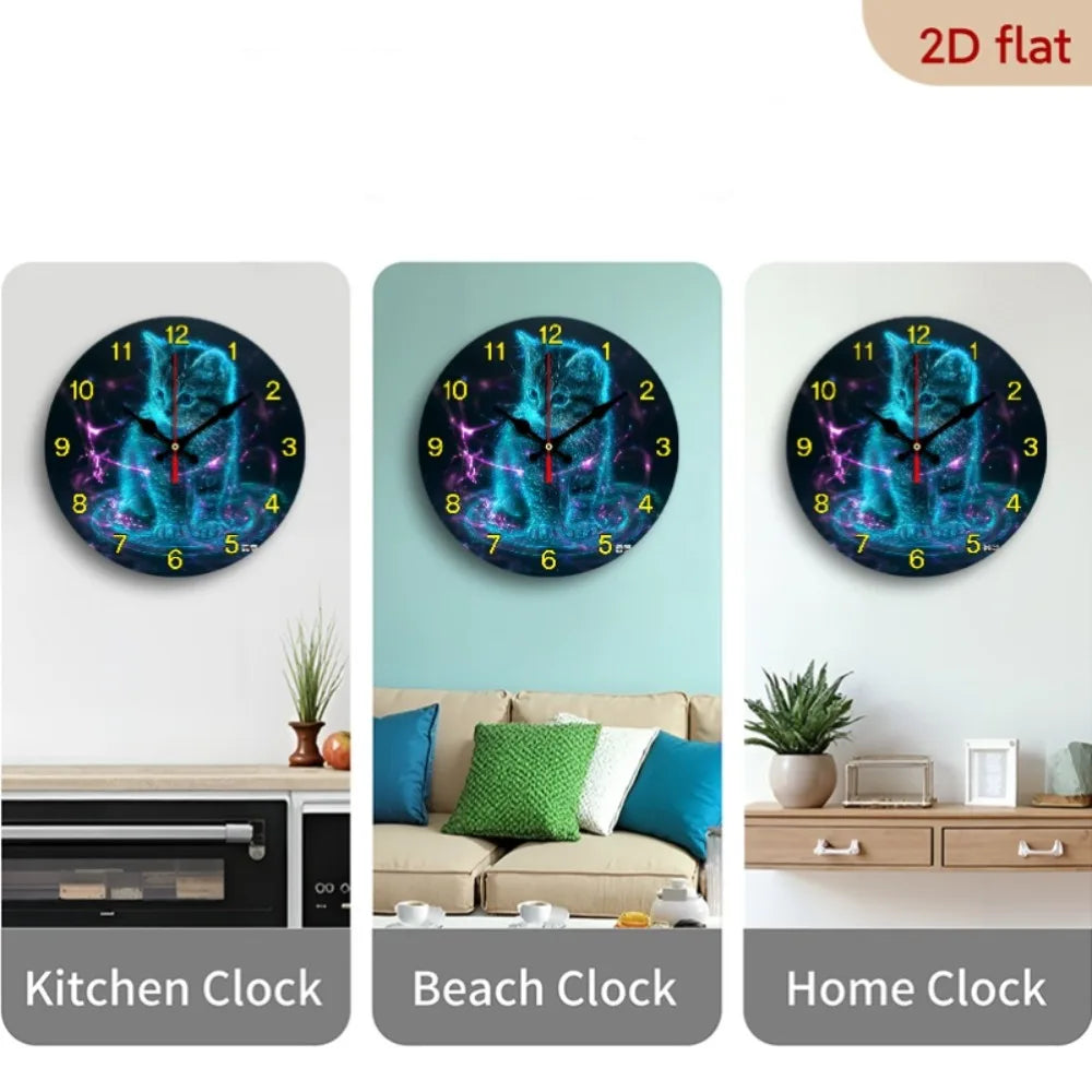 10 Inch Neon Glow-in-the-Dark Cat Wall Clock with Glowing Kitten Face & Neon Numbers - Quiet Sweep Movement, AA Wooden Round Clo