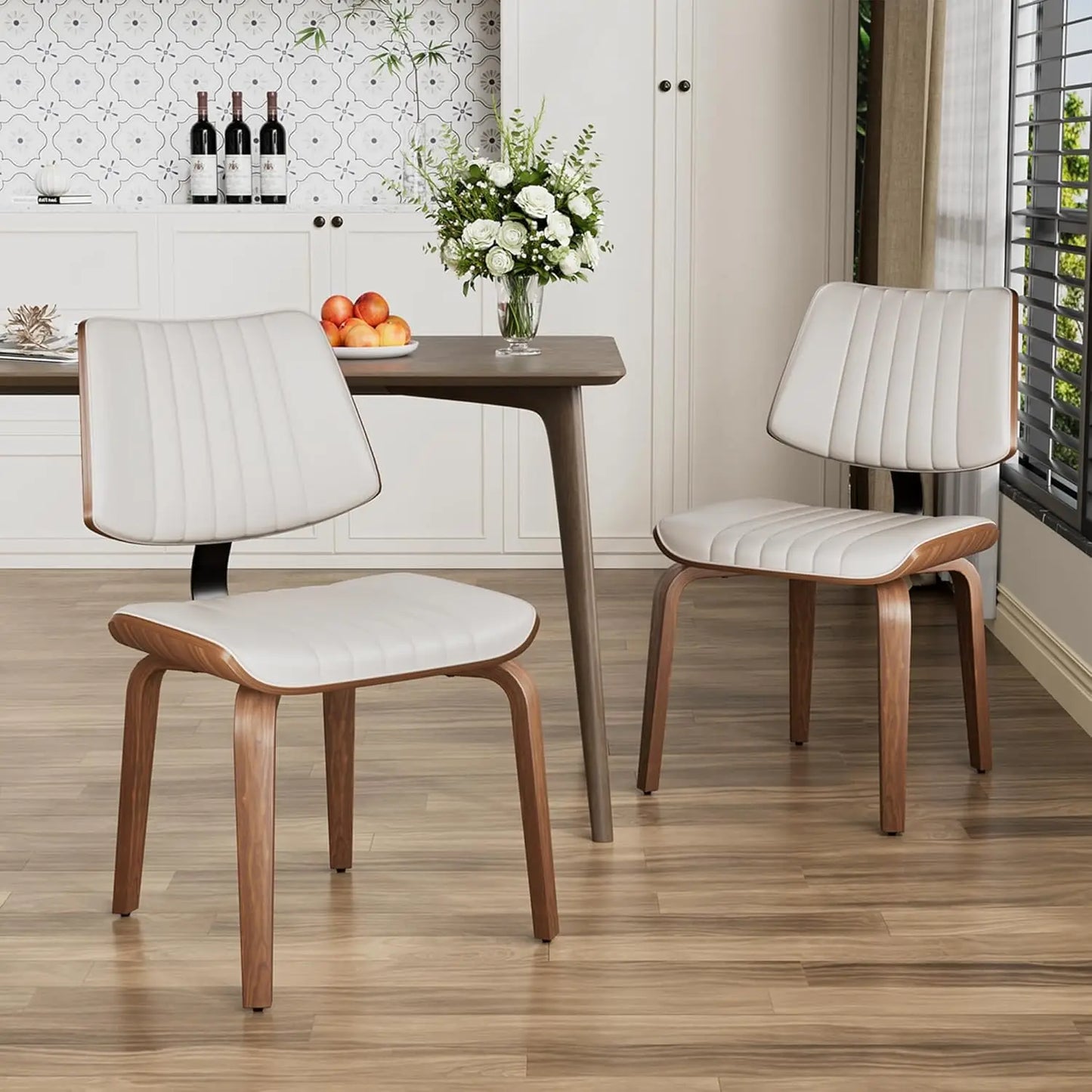 Mid Century Upholstered Faux Leather Dining Chairs Set 2 Ergonomic Curved Walnut Bentwood Back Kitchen Living Room, Custom