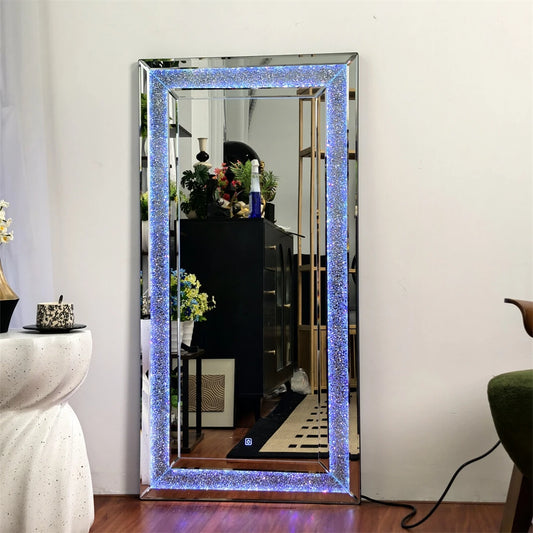 48"x24" Mirror Full Length Diamond Standing Mirror with 7 Colors RGB LED Lights, Lighted Floor Mirror with Stand for Living Room