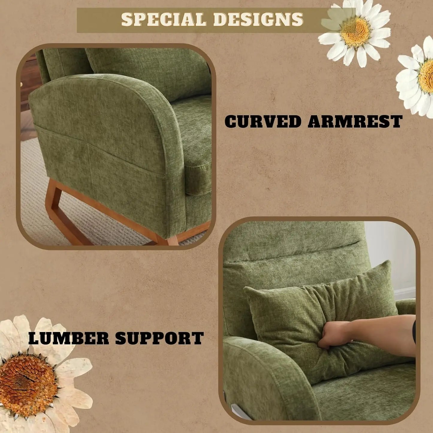 Olive Chenille Rocking Chair Nursery with Thick Headrest, Upholstered Mid-Century Modern Nursing Rocker Glider with, Customized